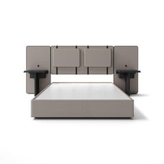 Leather bed headboard, wood nightstand w/ stone top (Queen), by Lauren Rottet