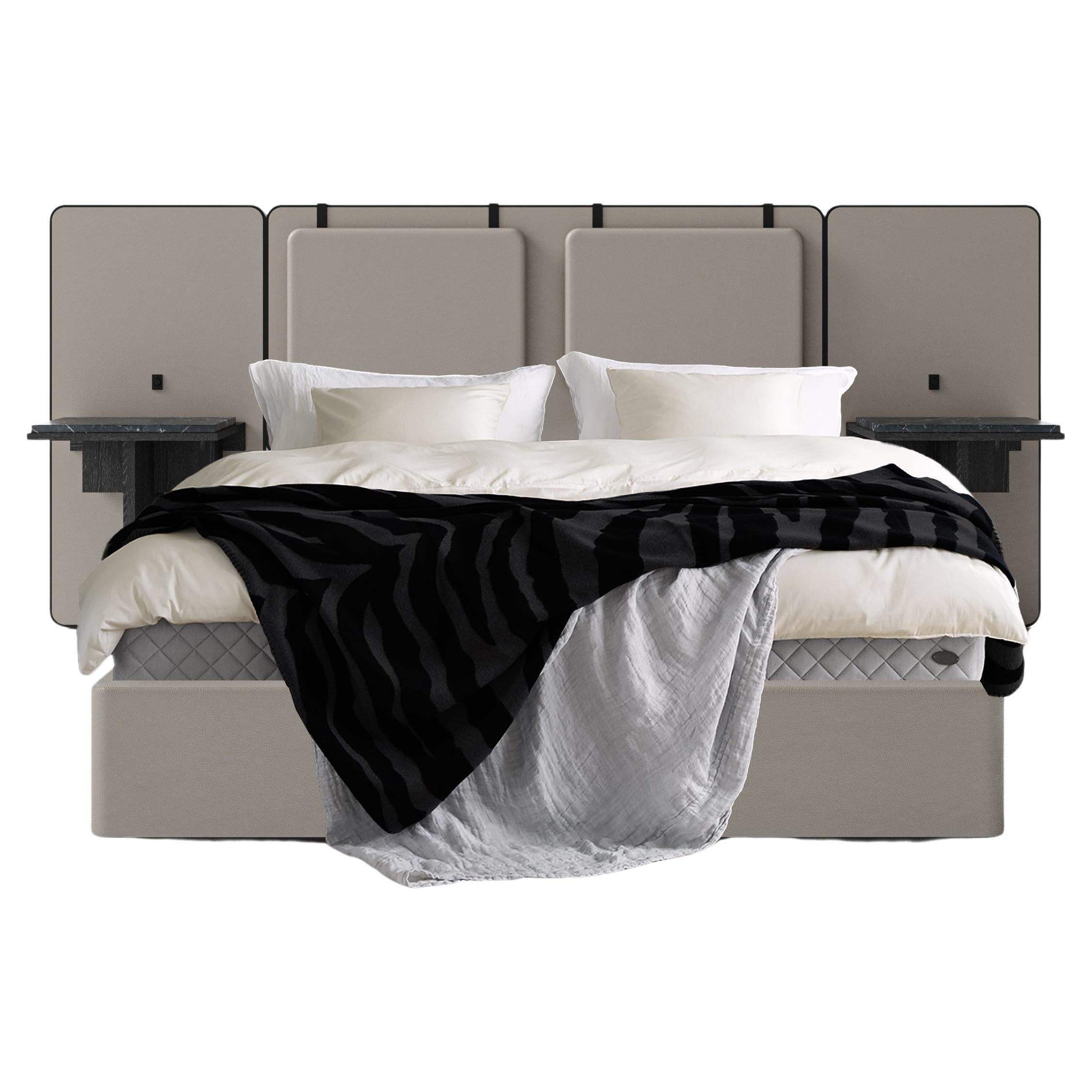 Leather bed headboard, wood nightstand w/ stone top (Queen), by Lauren Rottet