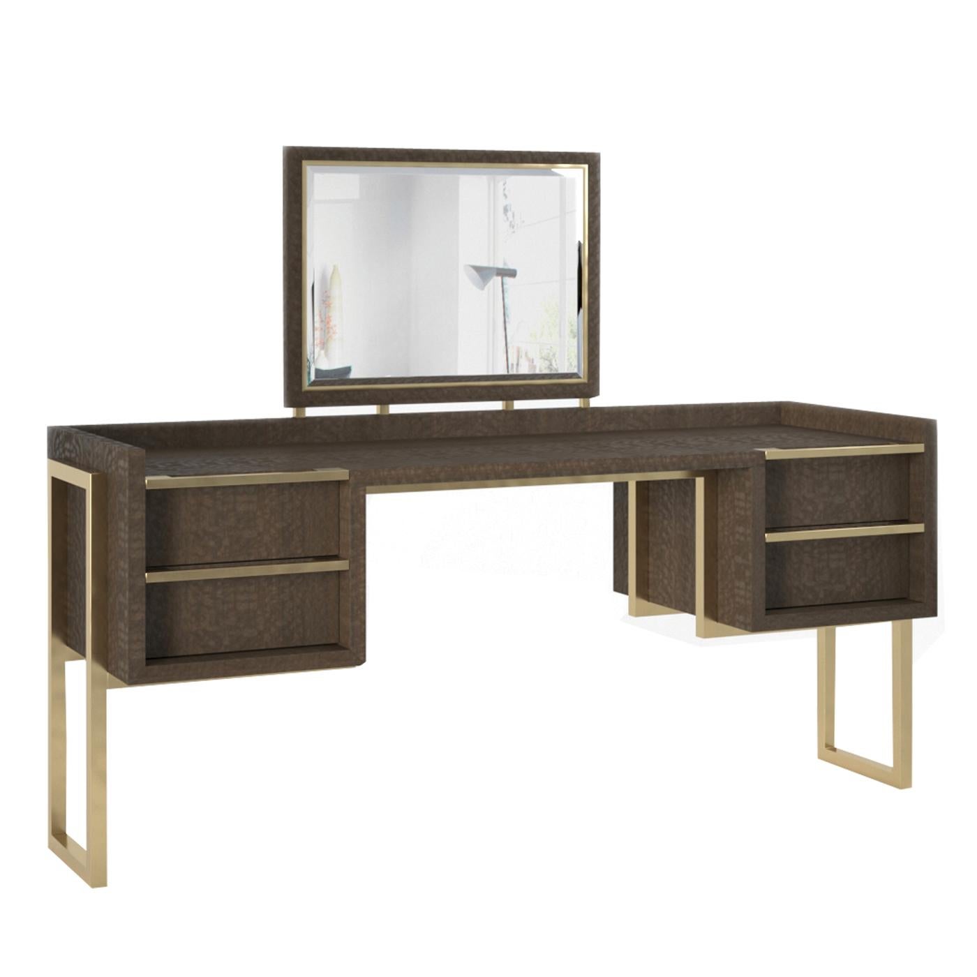 Equipped with a wide rectangular mirror, this modern vanity table will imbue a room with a sophisticated and elegant allure. Its dark brown wooden structure comprises a central mirror, four handy drawers, and a smooth top, sustained by two airy