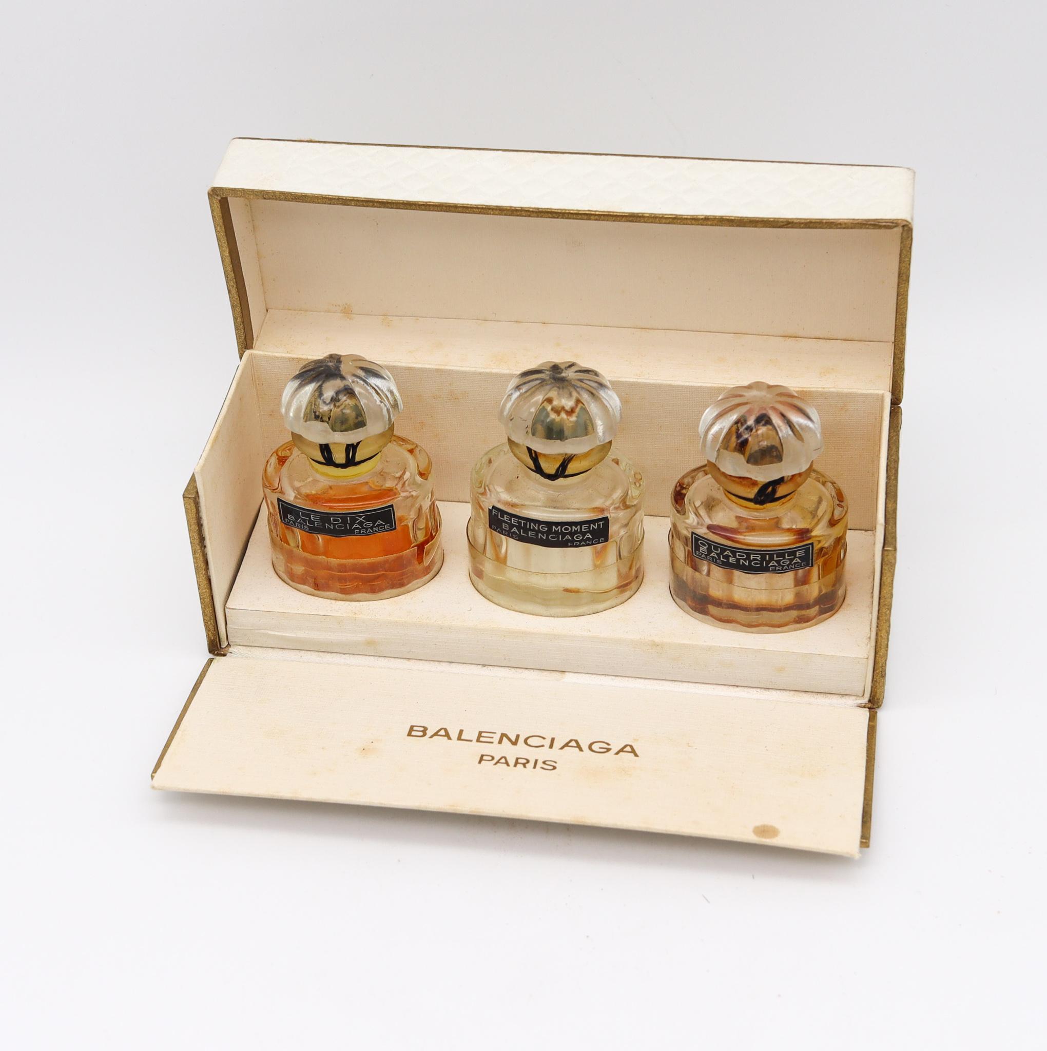 Mid-Century Modern Balenciaga 1950 Paris Perfume Crystal Bottles Trio in Coffret Set Le Dix Fuites For Sale