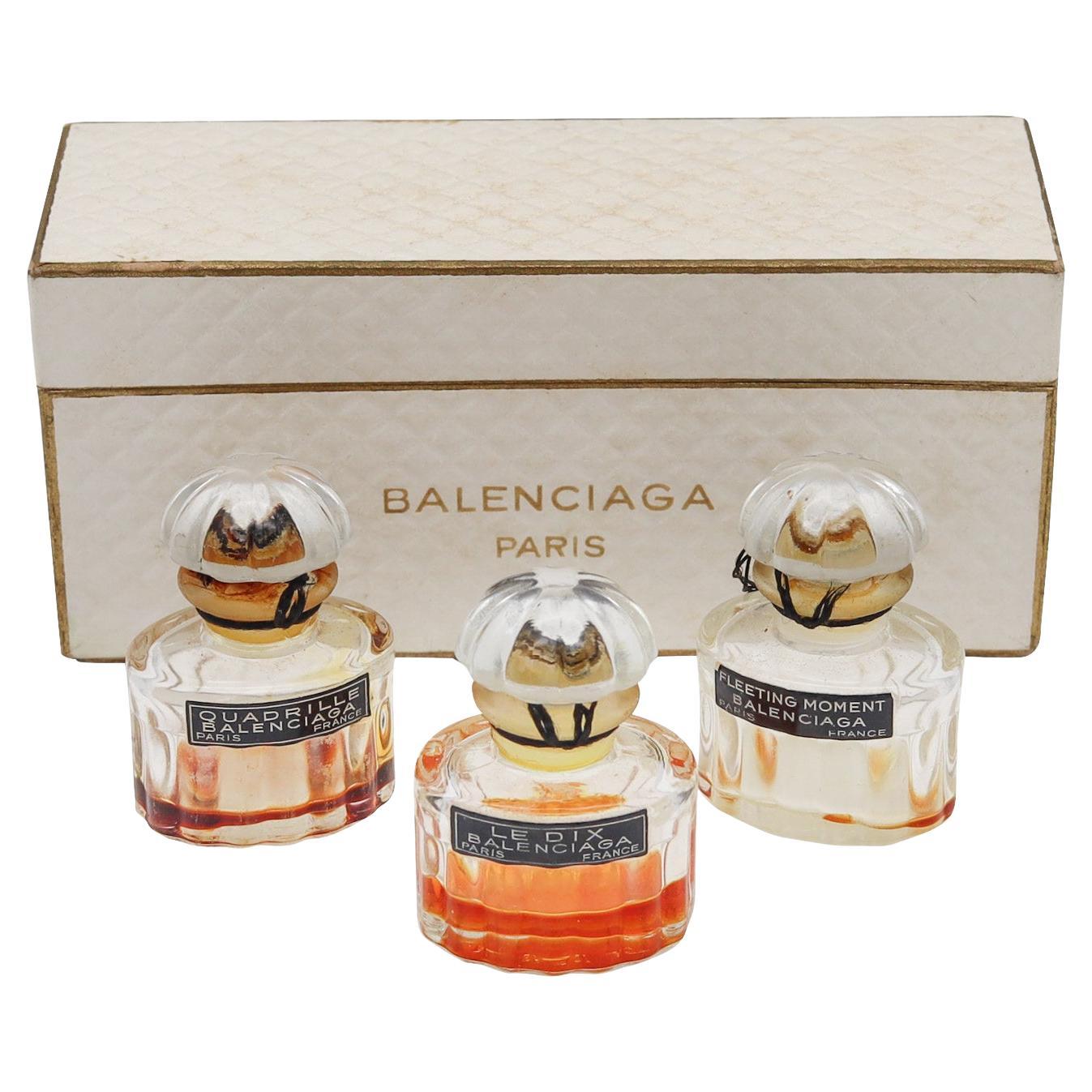 Balenciaga 1950 Paris Perfume Crystal Bottles Trio in Coffret Set Le Dix Fuites For Sale