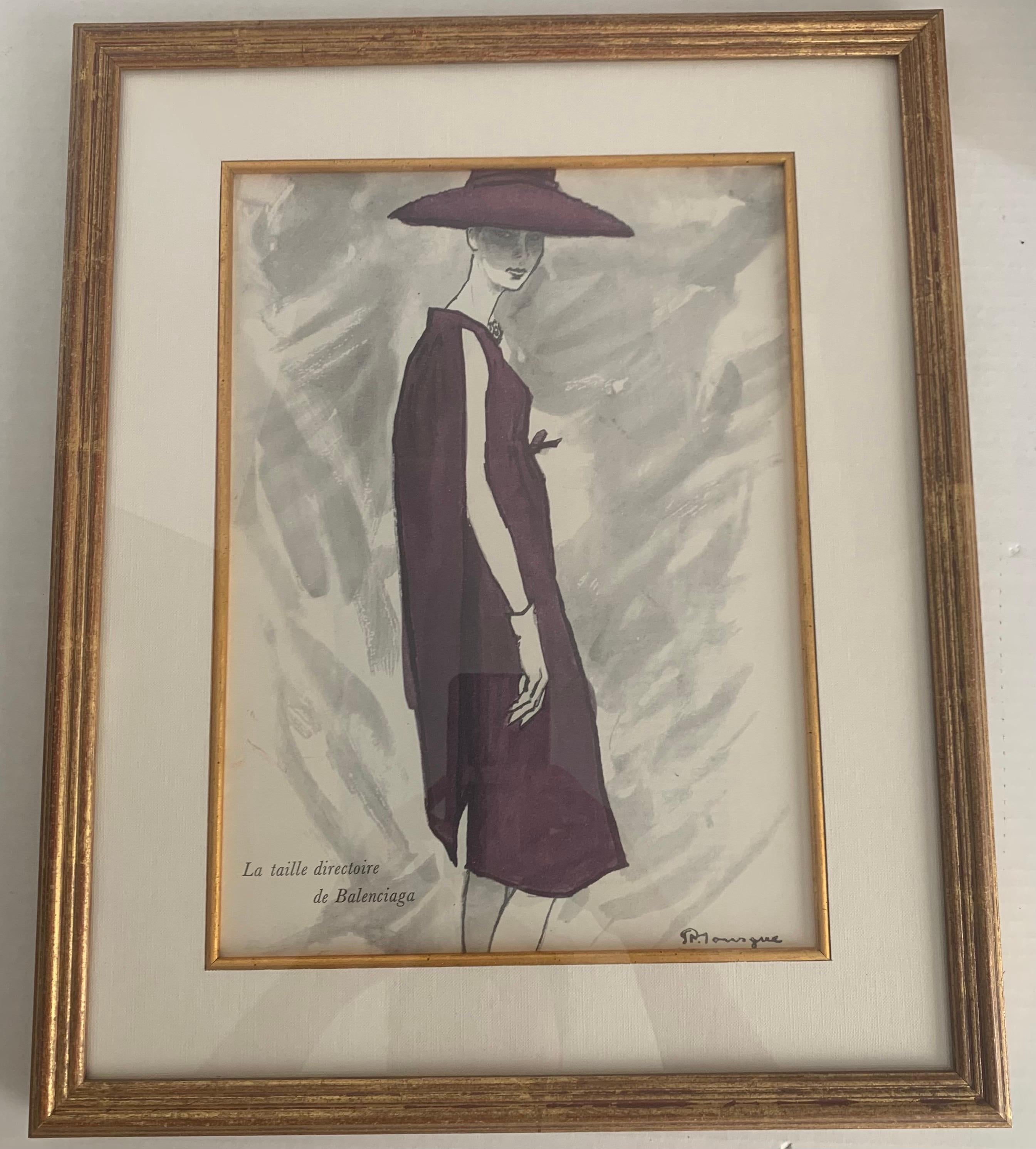 1958 fashion illustration of Balenciaga purple cocoon dress and hat print by Pierre Mourgue. Linen backed print. Professionally framed in carved gilt-wood frame.