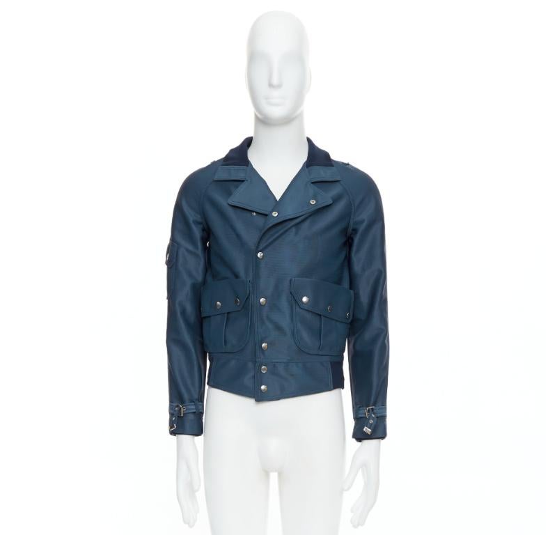 BALENCIAGA 2003 blue silver snap buttons cropped moto biker jacket FR46 S en vente 4