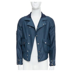 BALENCIAGA 2003 blue silver snap buttons cropped moto biker jacket FR46 S