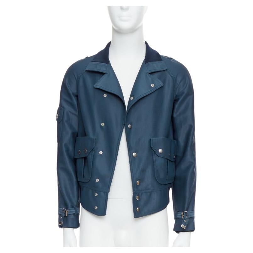 BALENCIAGA 2003 blue silver snap buttons cropped moto biker jacket FR46 S en vente