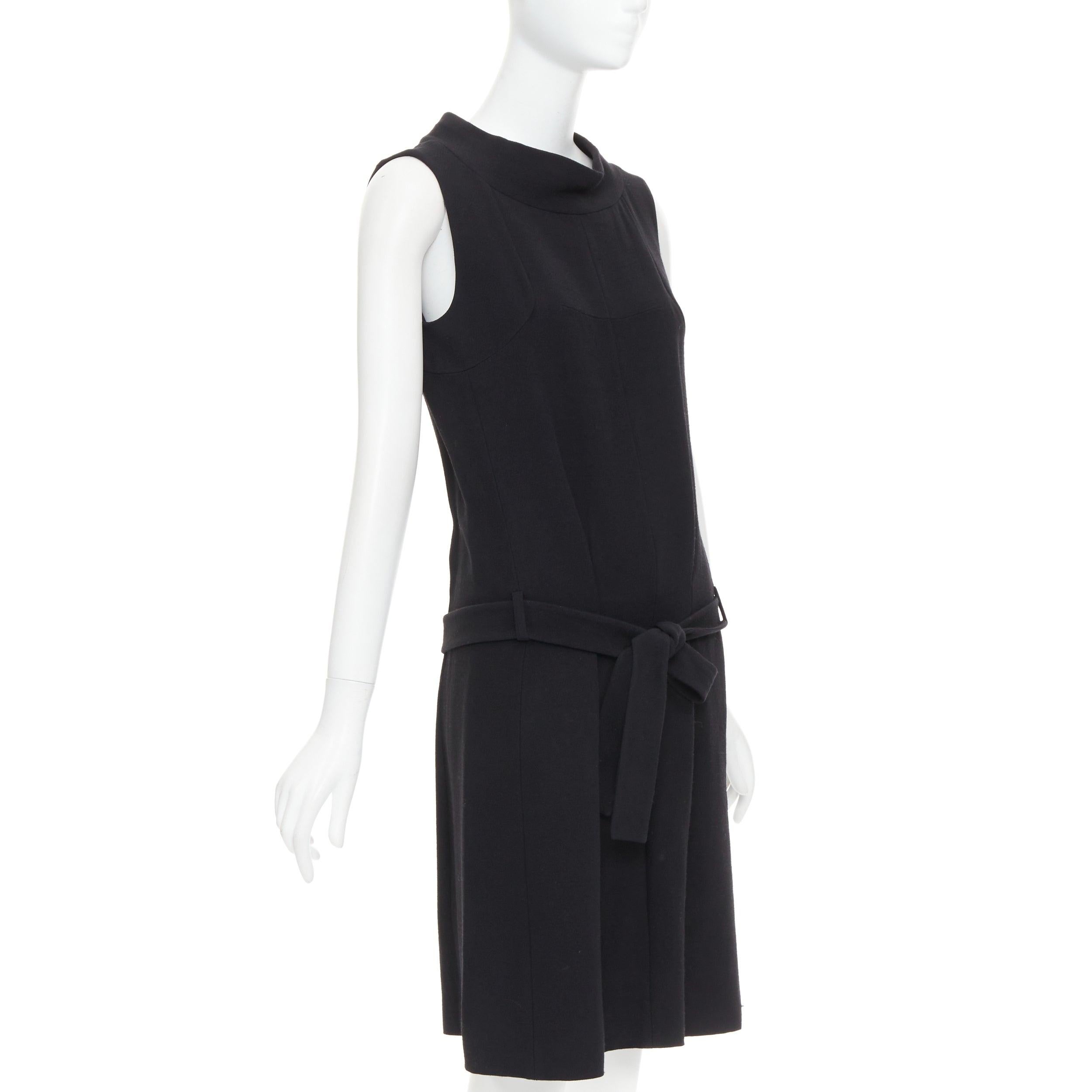 Black BALENCIAGA 2005 black wool blend drop waist panelled belted dress FR40 S For Sale