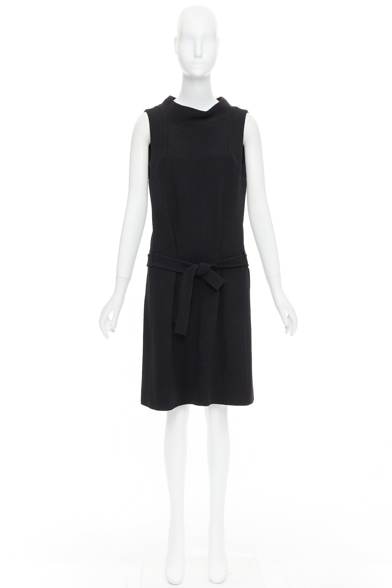 BALENCIAGA 2005 black wool blend drop waist panelled belted dress FR40 S For Sale 4