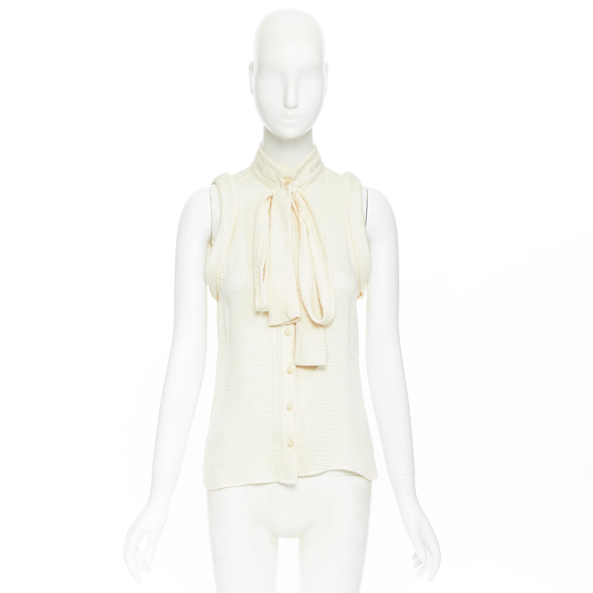 BALENCIAGA 2006 100% seda texturizada pajarita caída sisa blusa chaleco FR38 Blanco