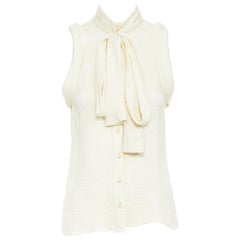 BALENCIAGA 2006 100% silk textured pussy bow drop armhole blouse vest FR38
