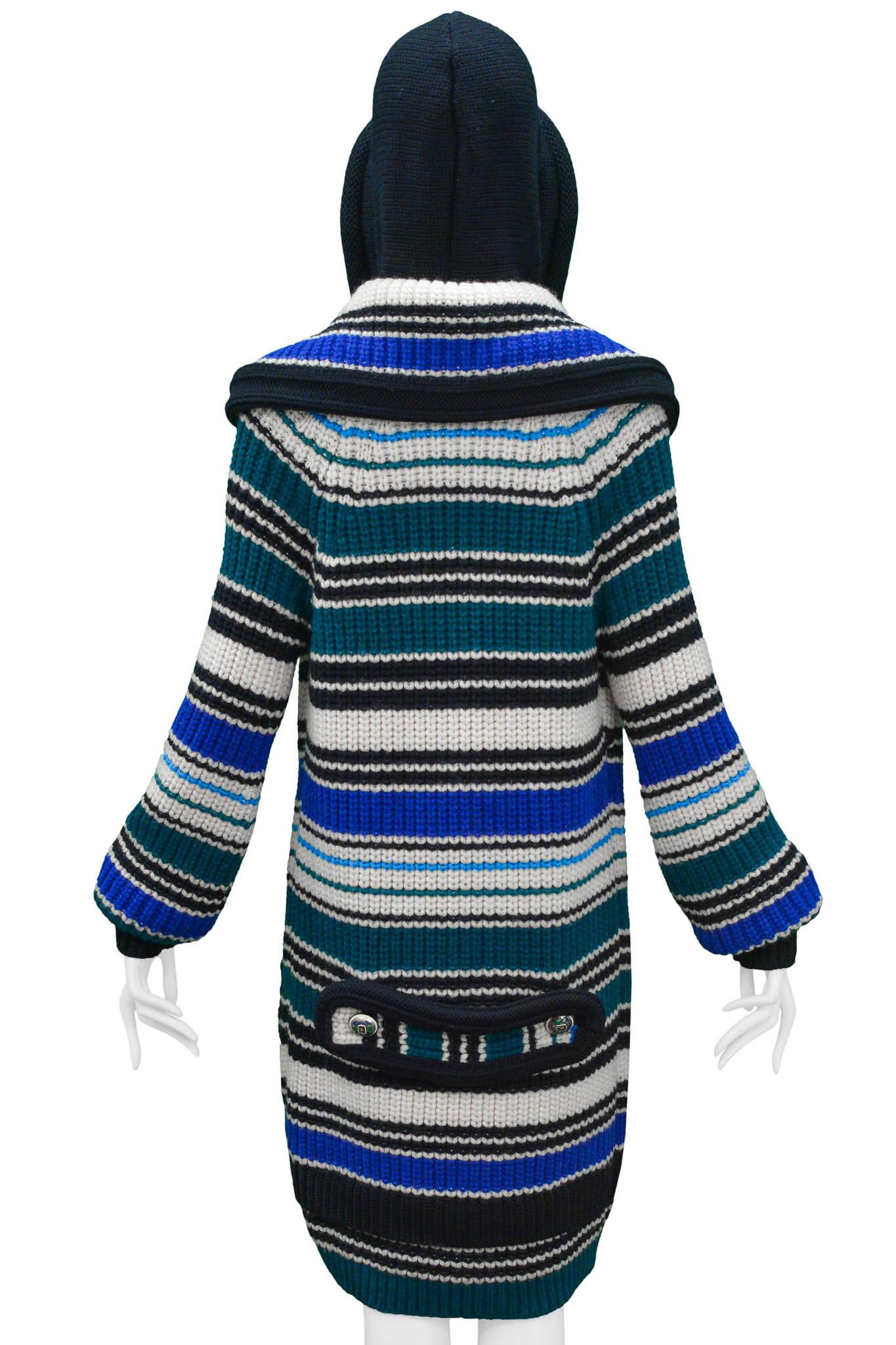 Balenciaga 2007 Blue White & Green Striped Heavy Knit Hooded Sweater For Sale 3