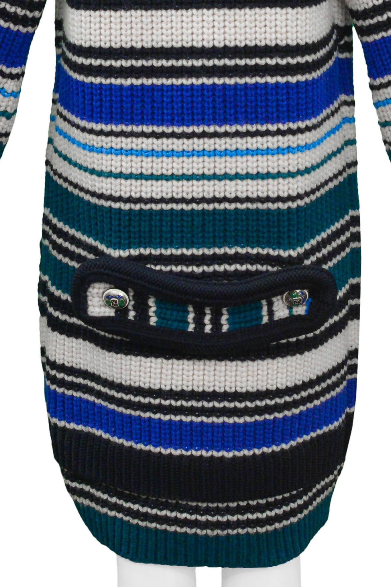 Balenciaga 2007 Blue White & Green Striped Heavy Knit Hooded Sweater For Sale 4