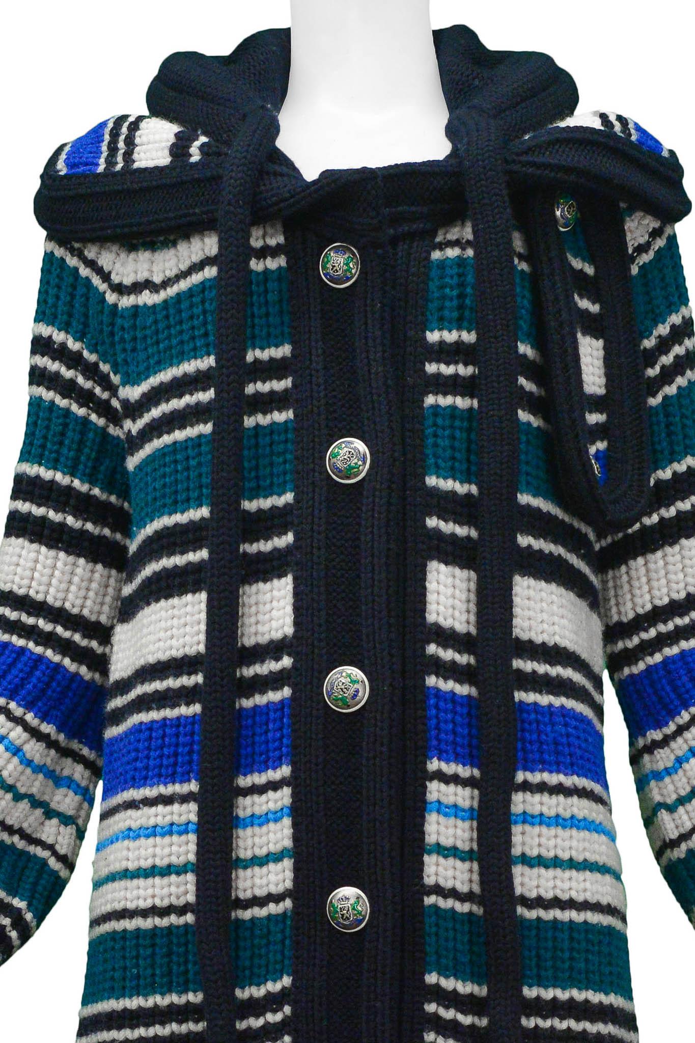 Balenciaga 2007 Blue White & Green Striped Heavy Knit Hooded Sweater In Excellent Condition For Sale In Los Angeles, CA