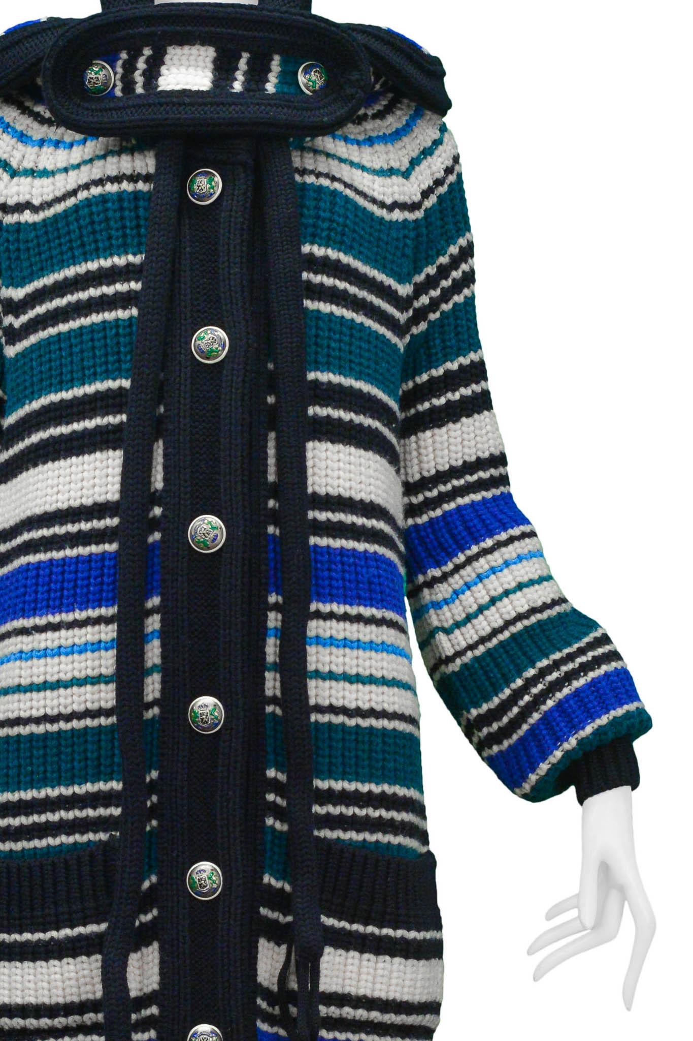 Women's Balenciaga 2007 Blue White & Green Striped Heavy Knit Hooded Sweater For Sale