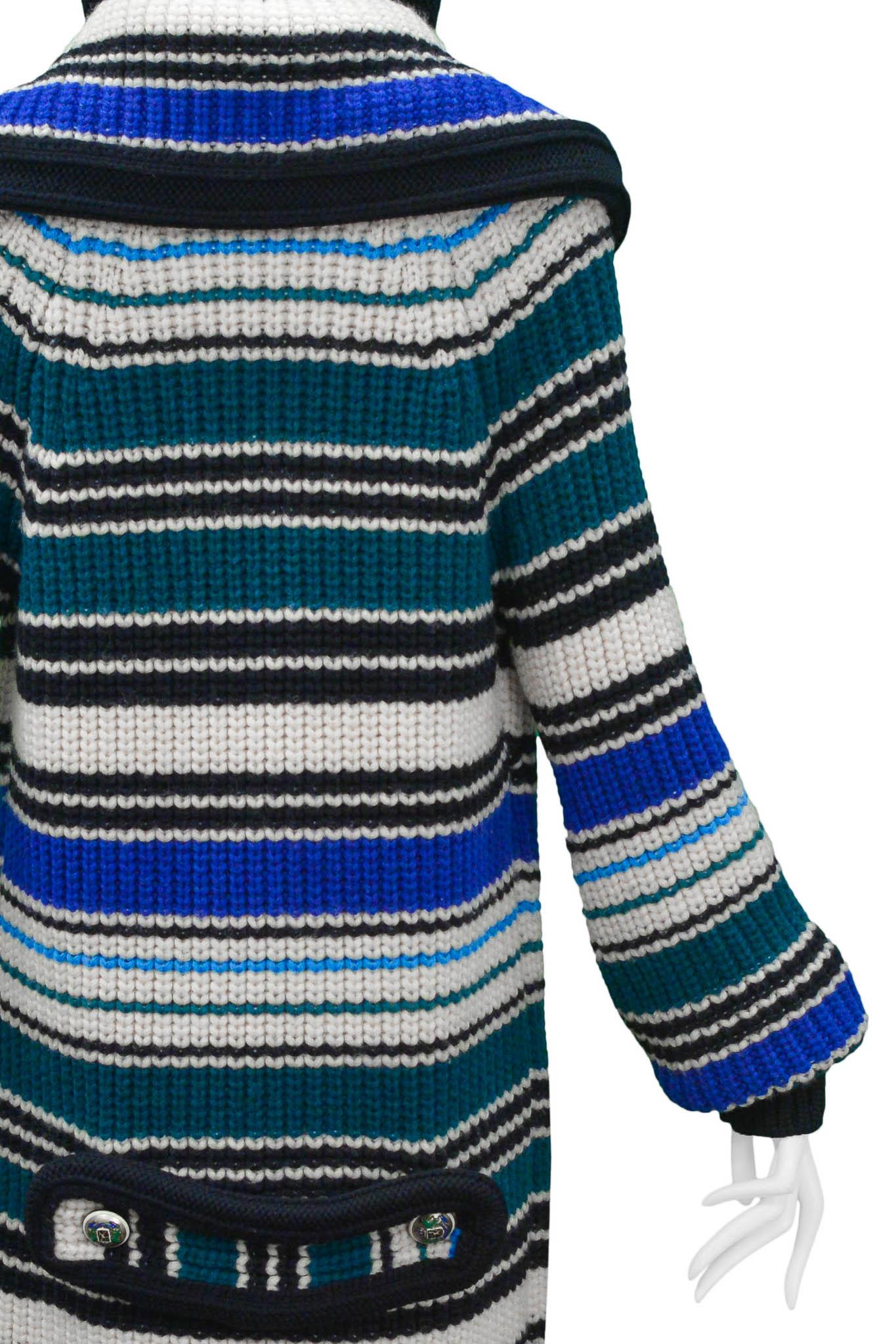 Balenciaga 2007 Blue White & Green Striped Heavy Knit Hooded Sweater For Sale 1