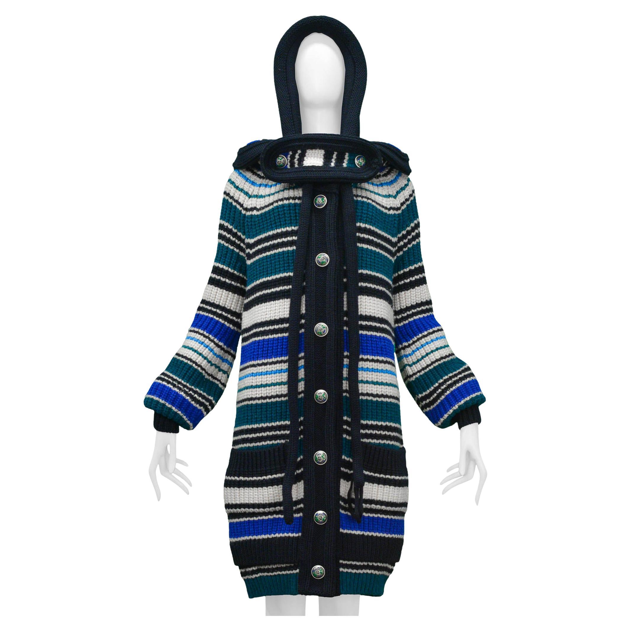 Balenciaga 2007 Blue White & Green Striped Heavy Knit Hooded Sweater For Sale