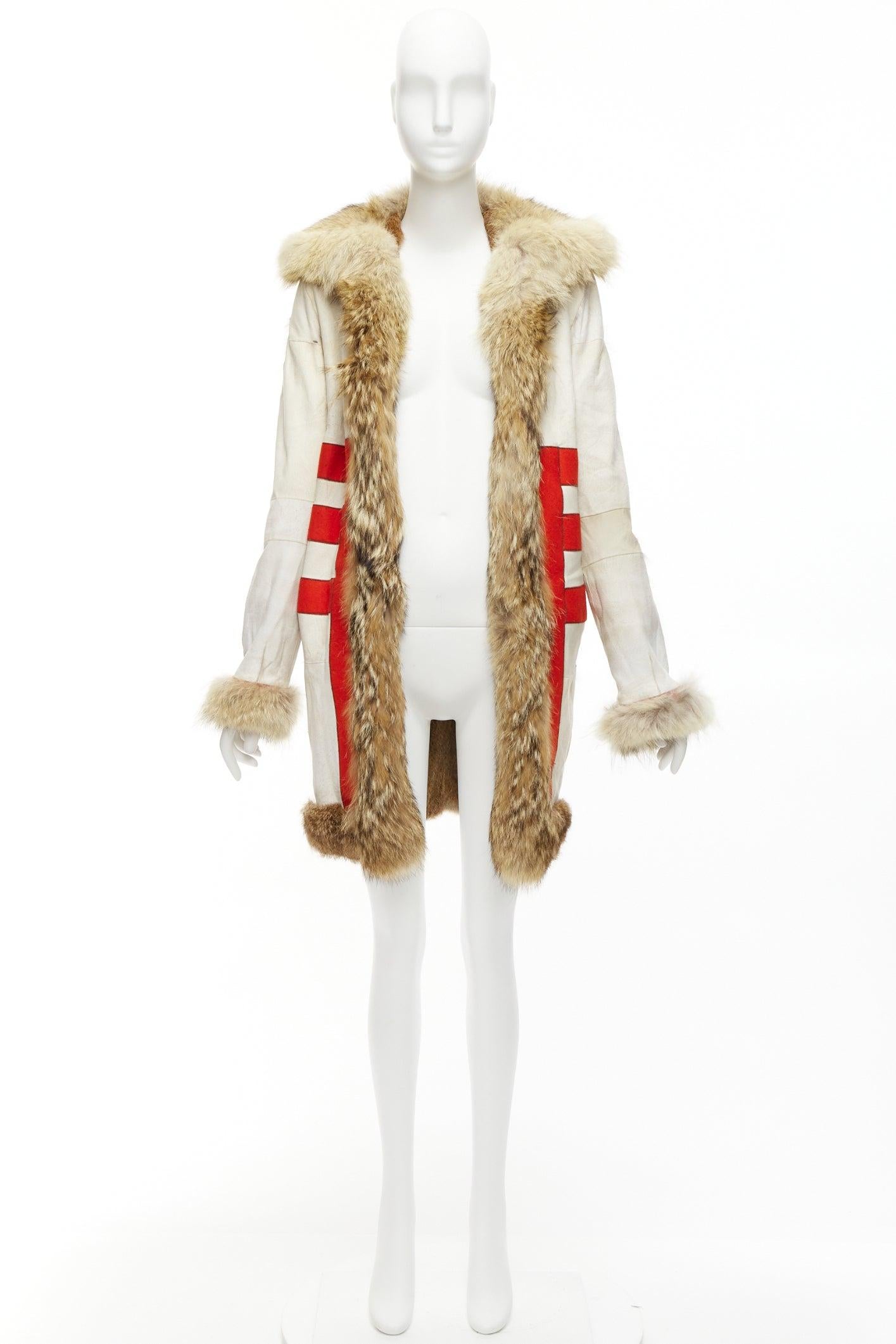 BALENCIAGA 2007 manteau long crème rouge 100% laine marron fourrure véritable FR36 S en vente 6