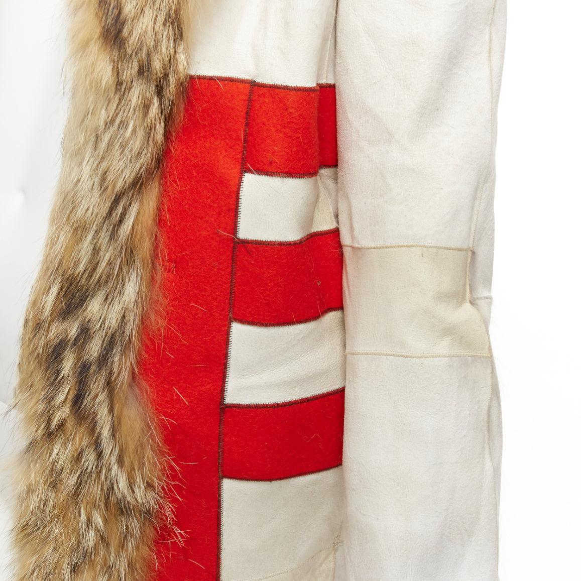 BALENCIAGA 2007 manteau long crème rouge 100% laine marron fourrure véritable FR36 S État moyen - En vente à Hong Kong, NT