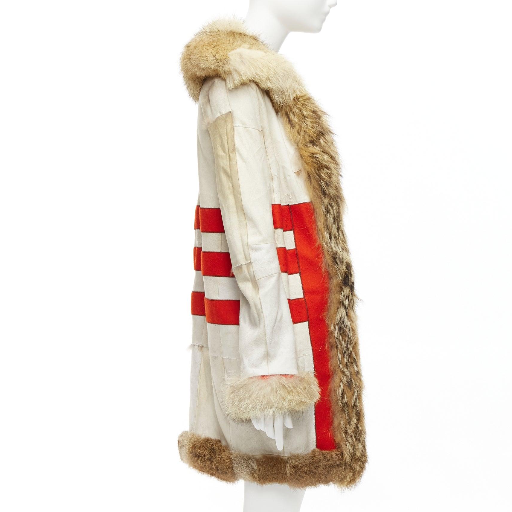 BALENCIAGA 2007 cream red 100% wool brown genuine fur lined longline coat FR36 S In Fair Condition For Sale In Hong Kong, NT