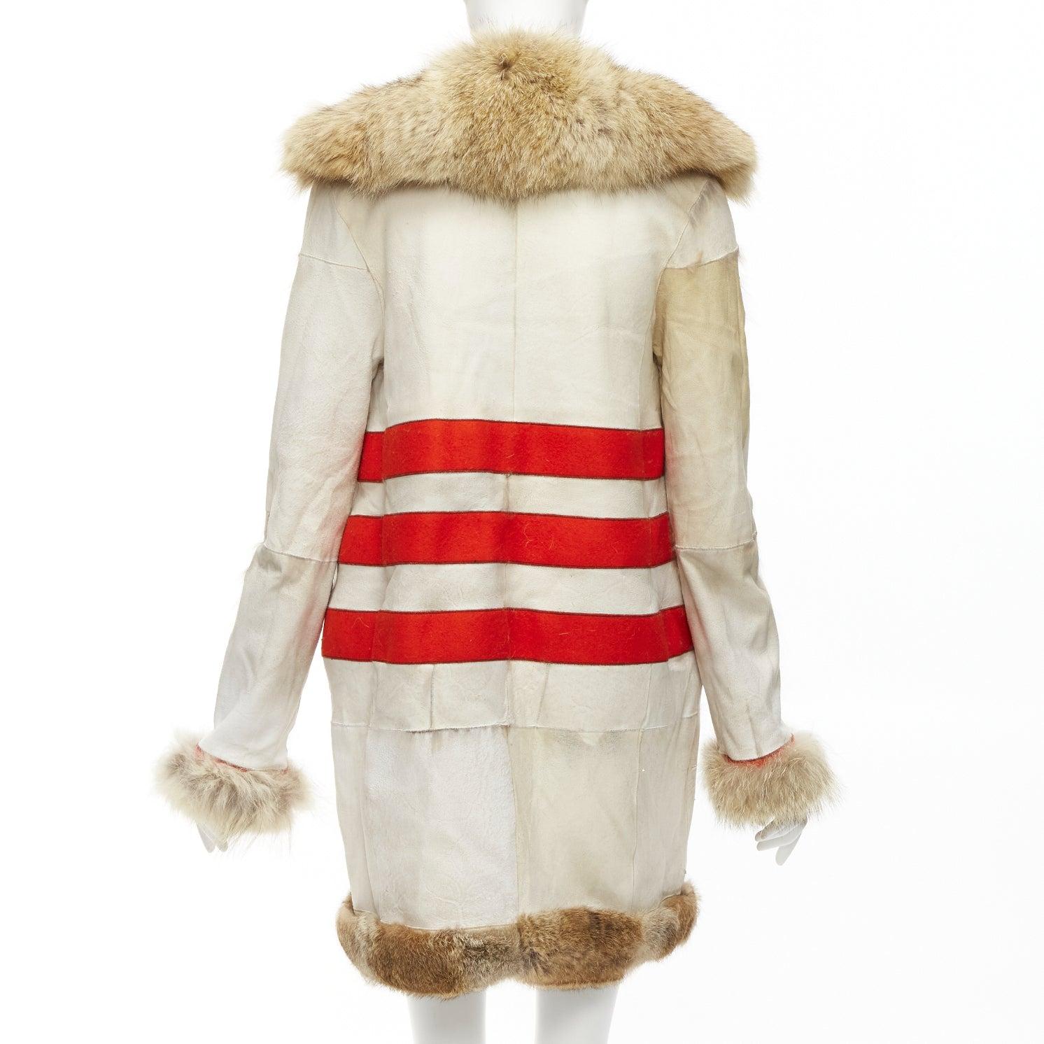 BALENCIAGA 2007 manteau long crème rouge 100% laine marron fourrure véritable FR36 S en vente 1