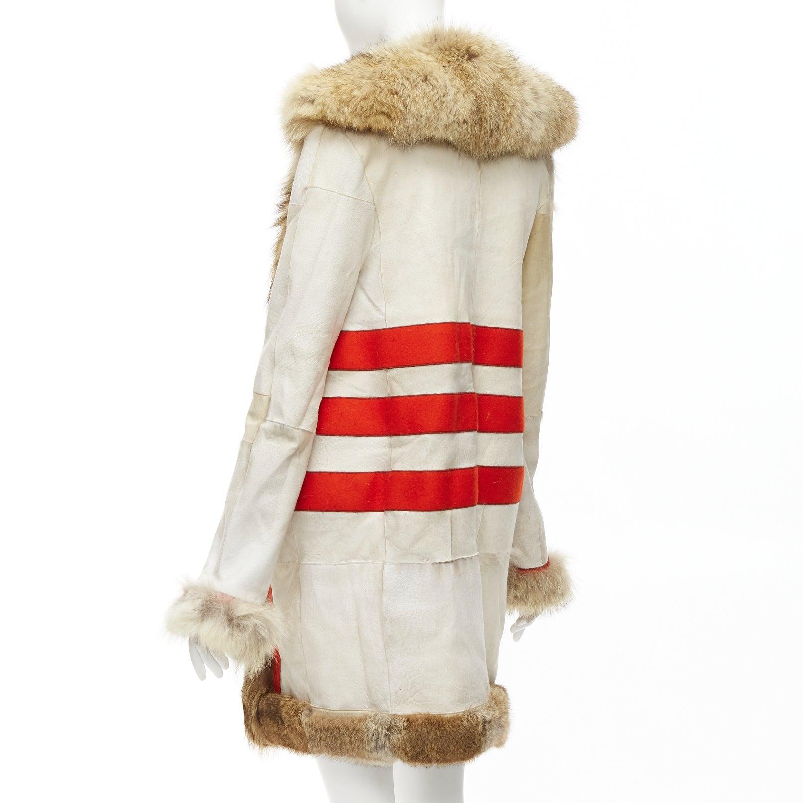 BALENCIAGA 2007 cream red 100% wool brown genuine fur lined longline coat FR36 S For Sale 2