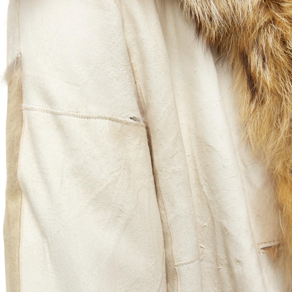 BALENCIAGA 2007 manteau long crème rouge 100% laine marron fourrure véritable FR36 S en vente 4