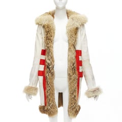 BALENCIAGA 2007 cream red 100% wool brown genuine fur lined longline coat FR36 S