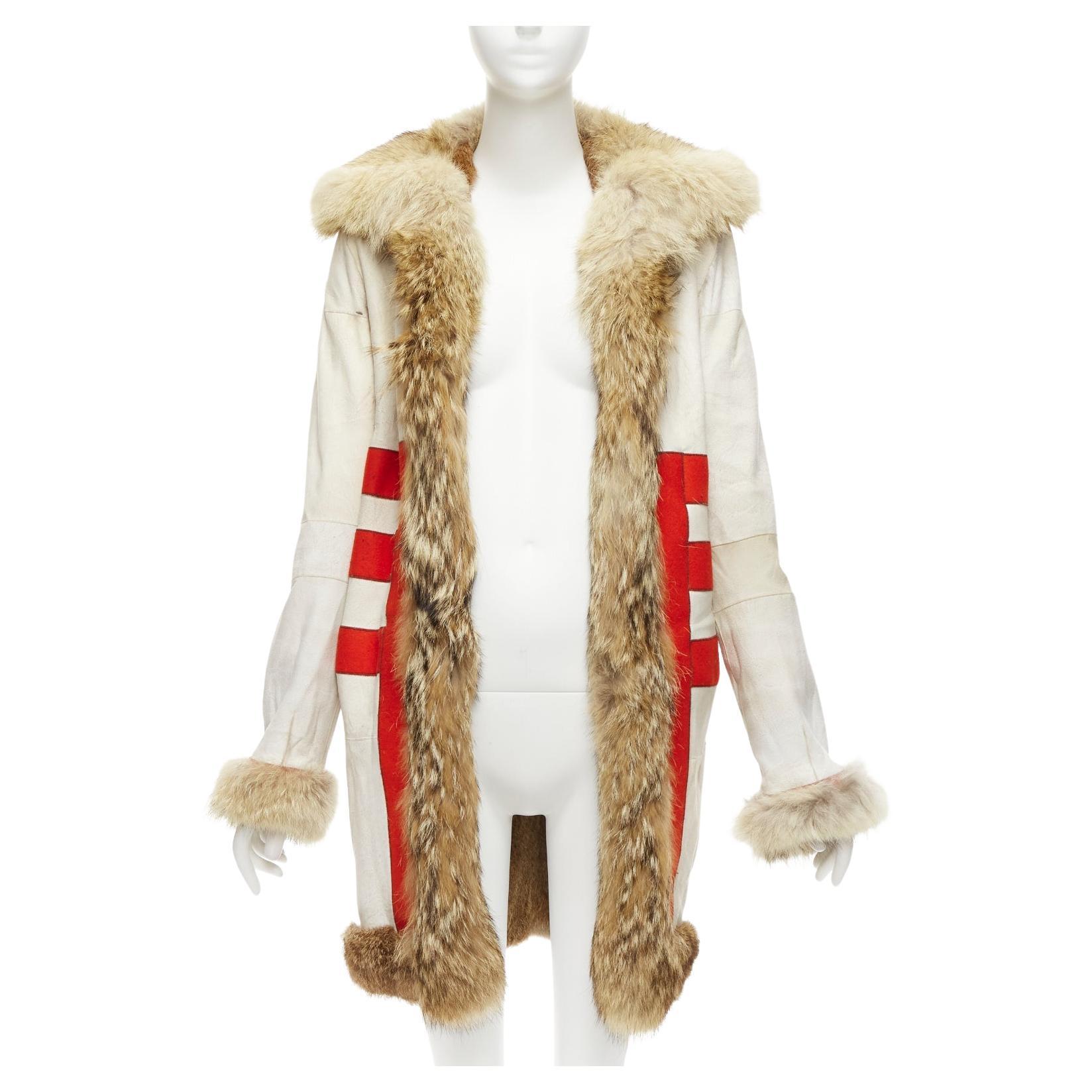 BALENCIAGA 2007 cream red 100% wool brown genuine fur lined longline coat FR36 S For Sale