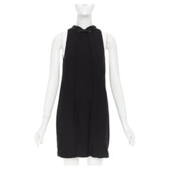 BALENCIAGA 2007 rope eyelet gathered neck black silk drop waist mini dress FR36
