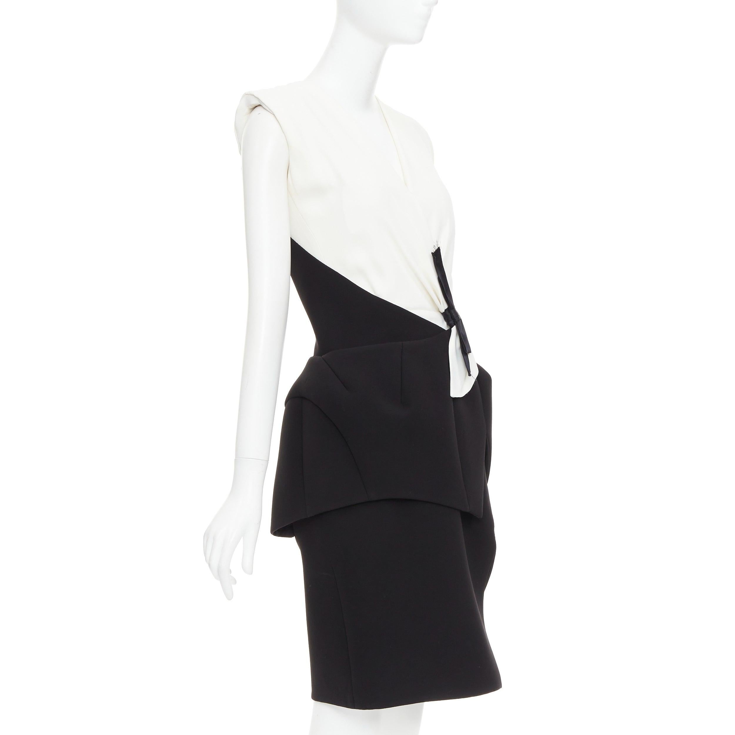 Black BALENCIAGA 2008 Runway black cream twist bow drape peplum hi-slit dress FR38 M For Sale