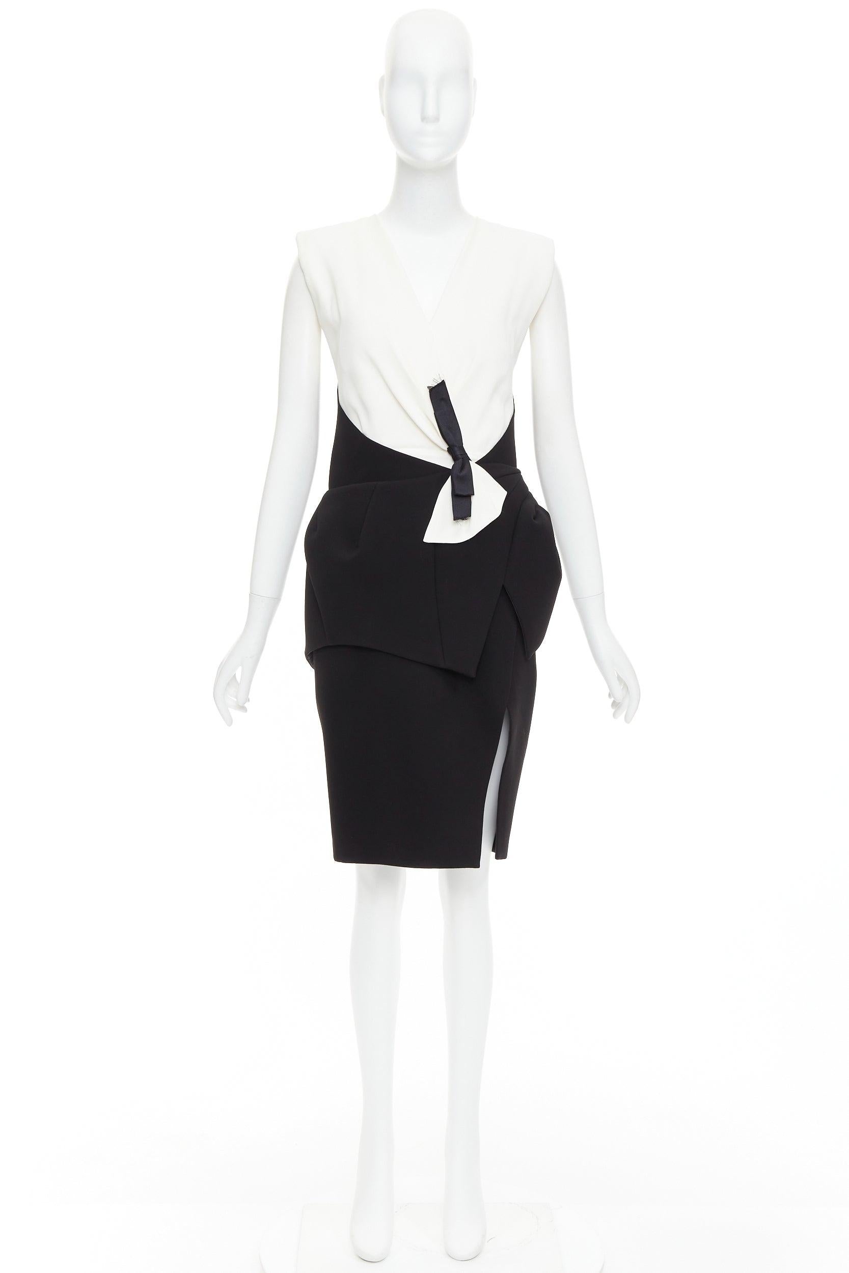 BALENCIAGA 2008 Runway black cream twist bow drape peplum hi-slit dress FR38 M For Sale 4