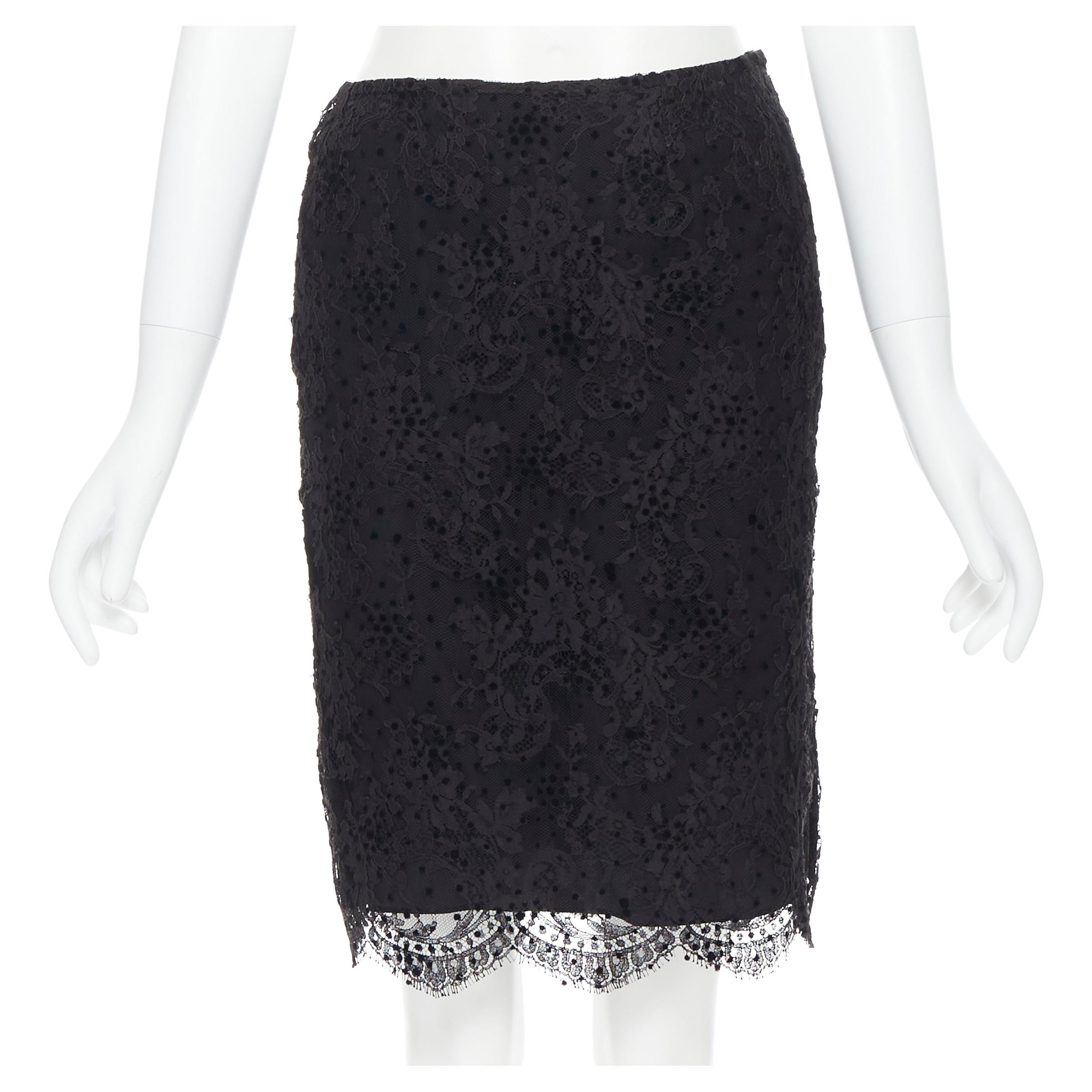 BALENCIAGA 2009 black lace velvet polka dot scalloped hem skirt Fr36 XS