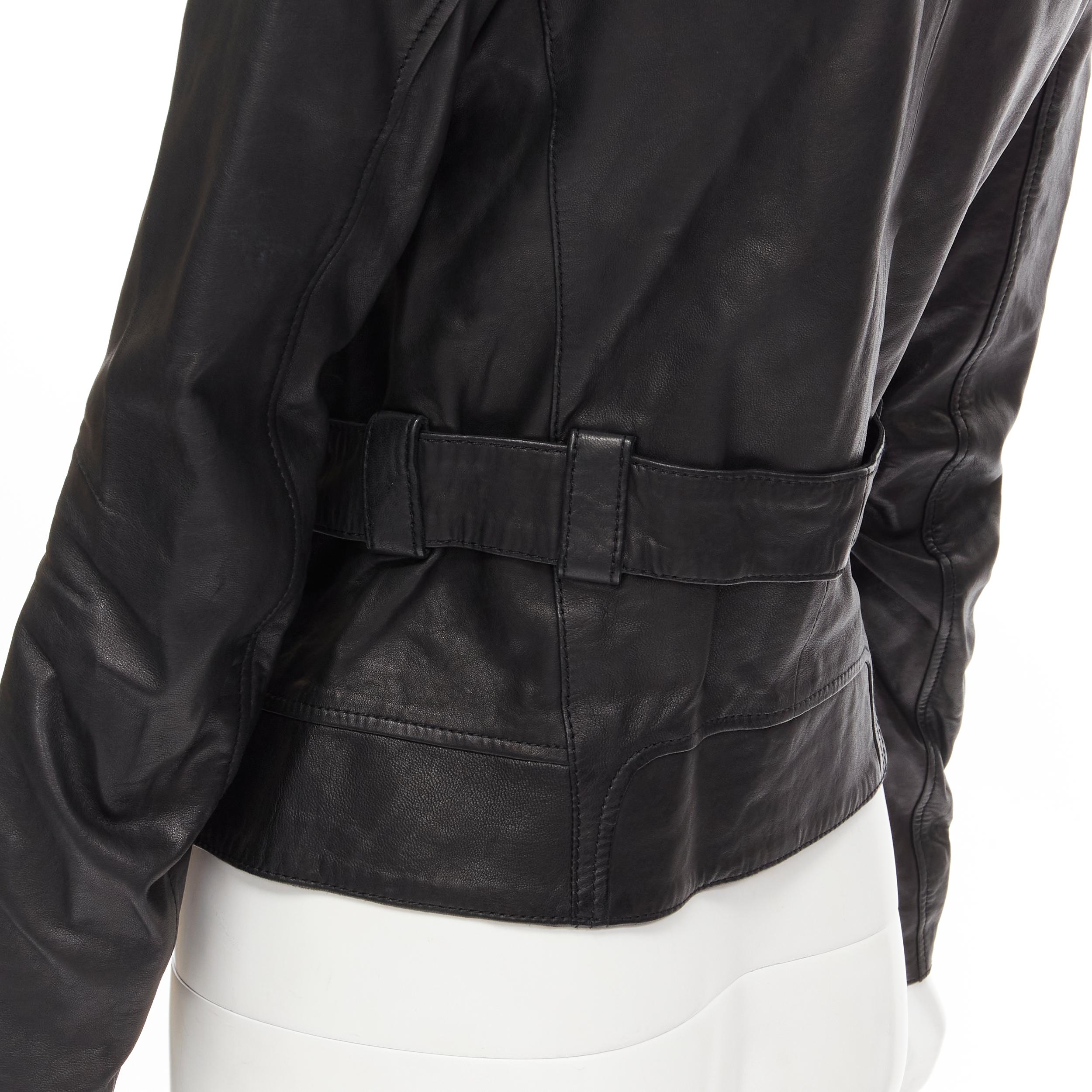 BALENCIAGA 2009 black lambskin leather asymmetric collar belted biker jacket FR3 2