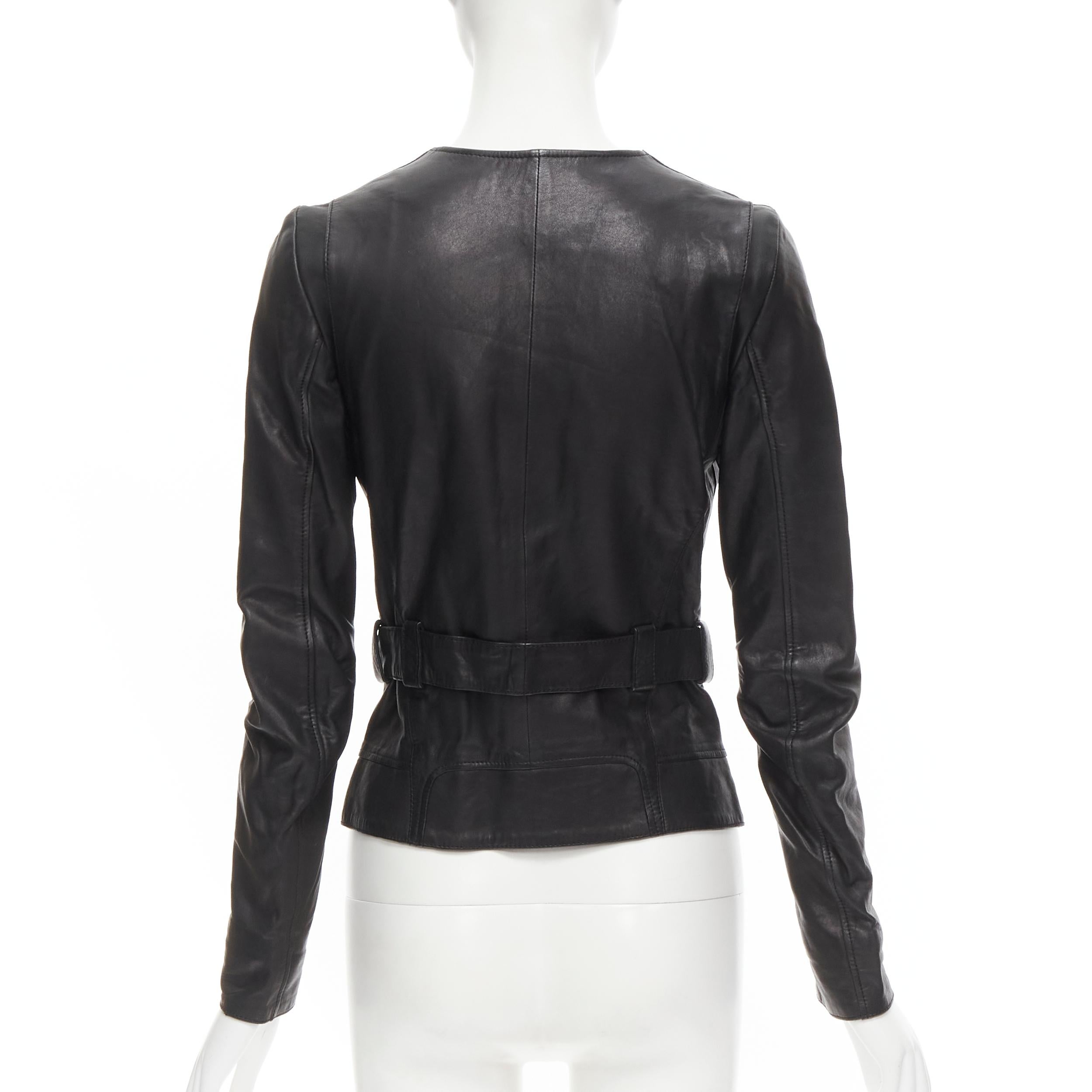 Black BALENCIAGA 2009 black lambskin leather asymmetric collar belted biker jacket FR3 For Sale