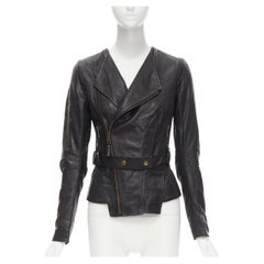 BALENCIAGA 2009 black lambskin leather asymmetric collar belted biker jacket FR3