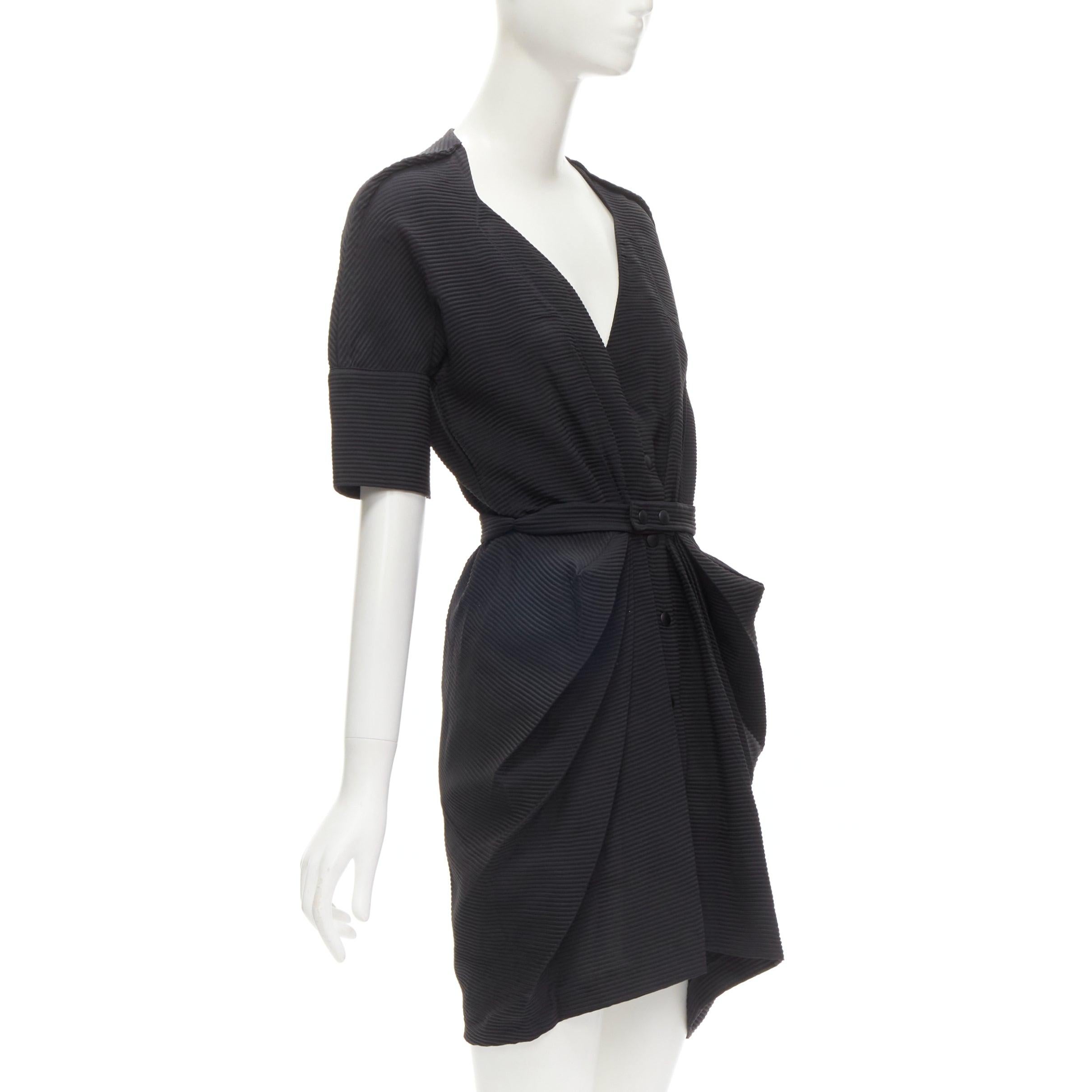 Black BALENCIAGA 2009 plunge neckline button front gathered pleat short dress FR36 S For Sale
