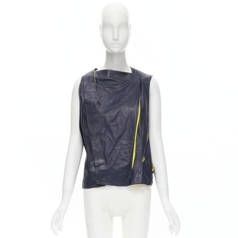 BALENCIAGA 2010 Runway Ghesquiere navy yellow leather pleated top FR38 S For Sale 7