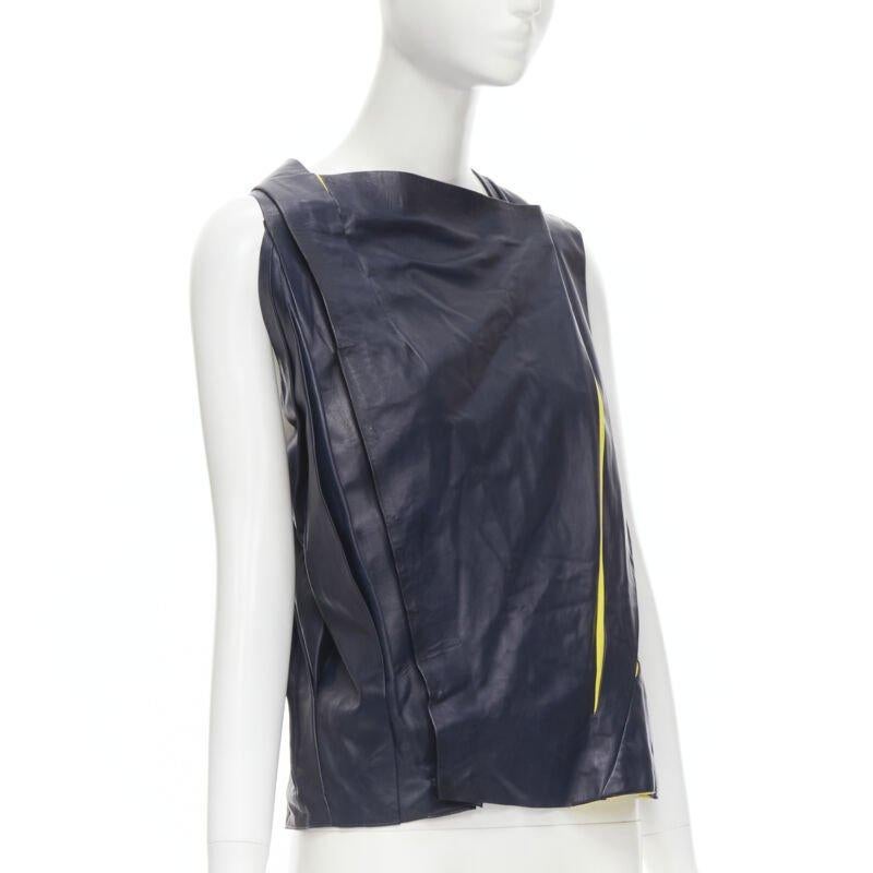 Black BALENCIAGA 2010 Runway Ghesquiere navy yellow leather pleated top FR38 S For Sale