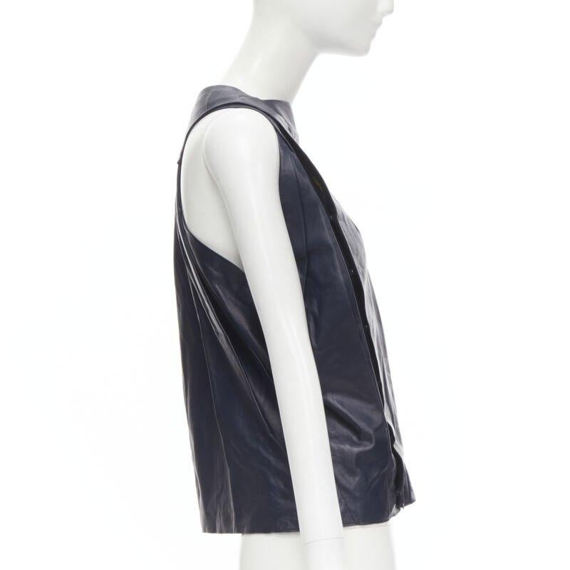 BALENCIAGA 2010 Runway Ghesquiere navy yellow leather pleated top FR38 S In Excellent Condition For Sale In Hong Kong, NT