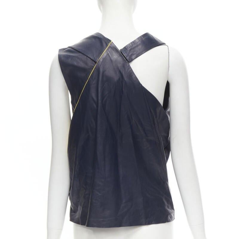 Women's BALENCIAGA 2010 Runway Ghesquiere navy yellow leather pleated top FR38 S For Sale