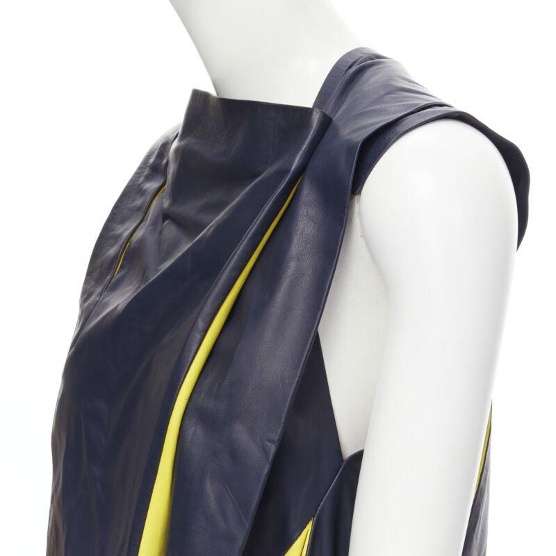 BALENCIAGA 2010 Runway Ghesquiere navy yellow leather pleated top FR38 S For Sale 2