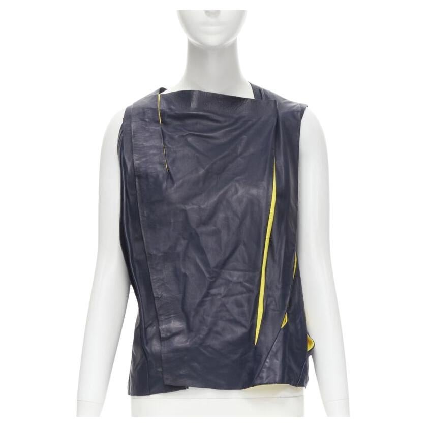 BALENCIAGA 2010 Runway Ghesquiere navy yellow leather pleated top FR38 S For Sale