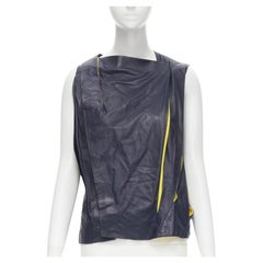 BALENCIAGA 2010 Laufsteg Ghesquiere marineblaues gelbes Leder-Plissee-Top FR38 S