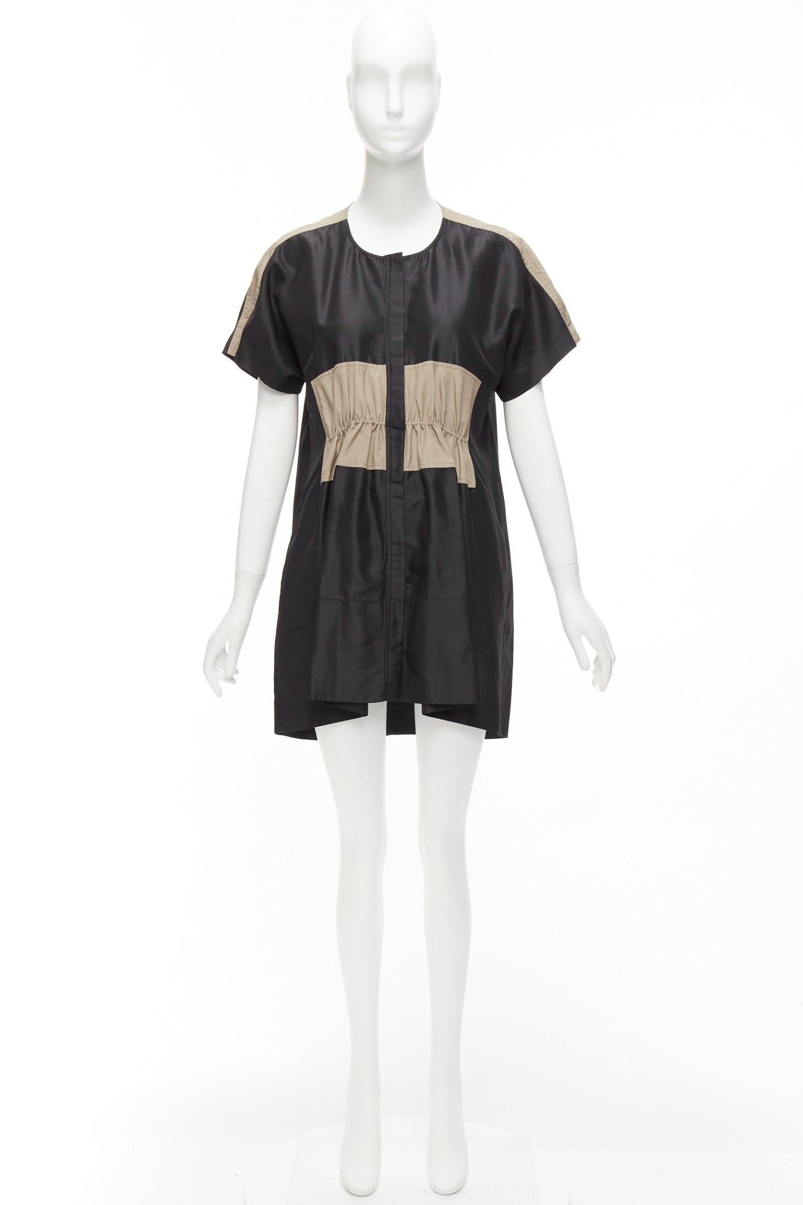 BALENCIAGA 2011 black khaki silk blend colorblock ruched shirt dress FR36 S For Sale 7