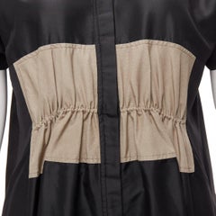 BALENCIAGA 2011 black khaki silk blend colorblock ruched shirt dress FR36 S