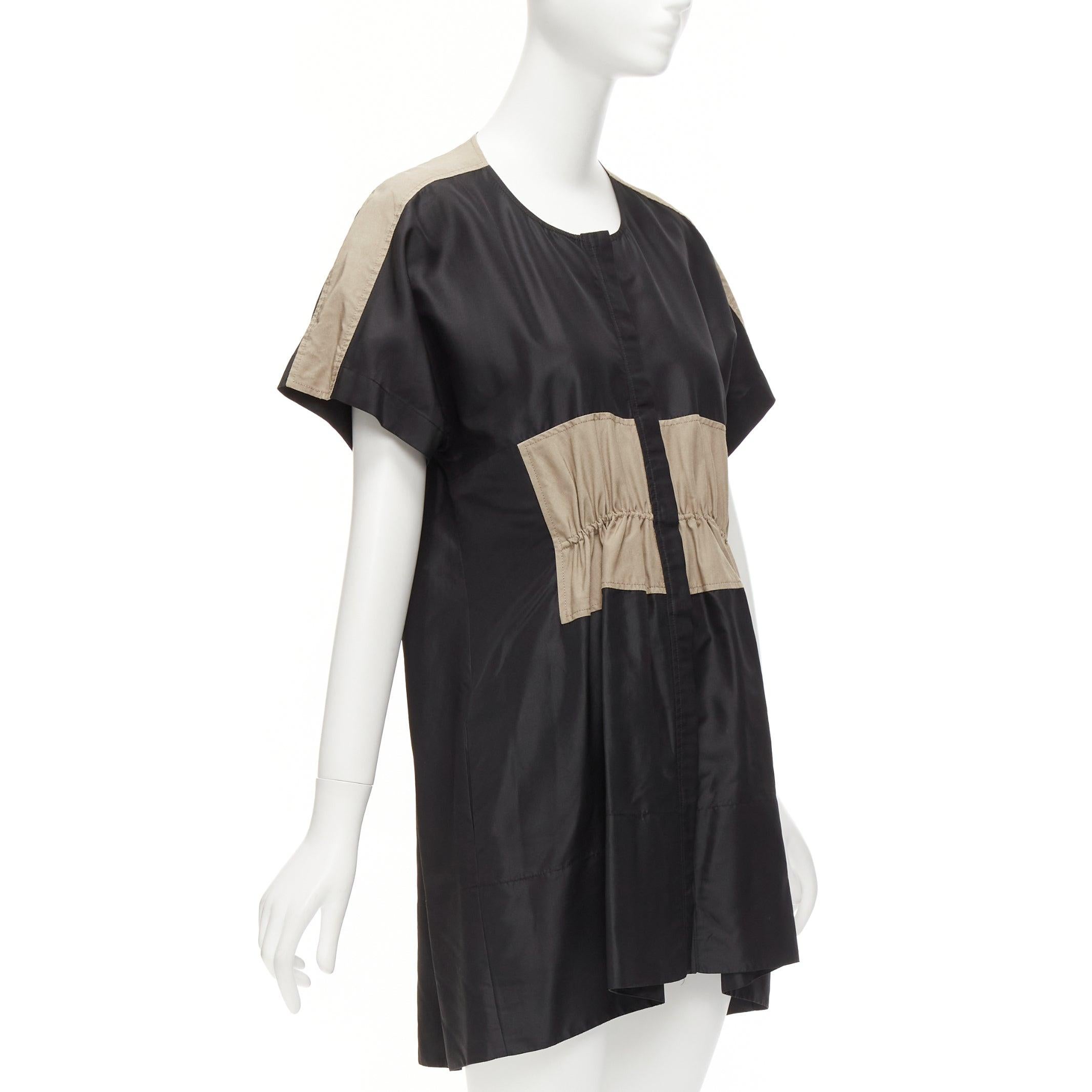 BALENCIAGA 2011 black khaki silk blend colorblock ruched shirt dress FR36 S In Excellent Condition For Sale In Hong Kong, NT