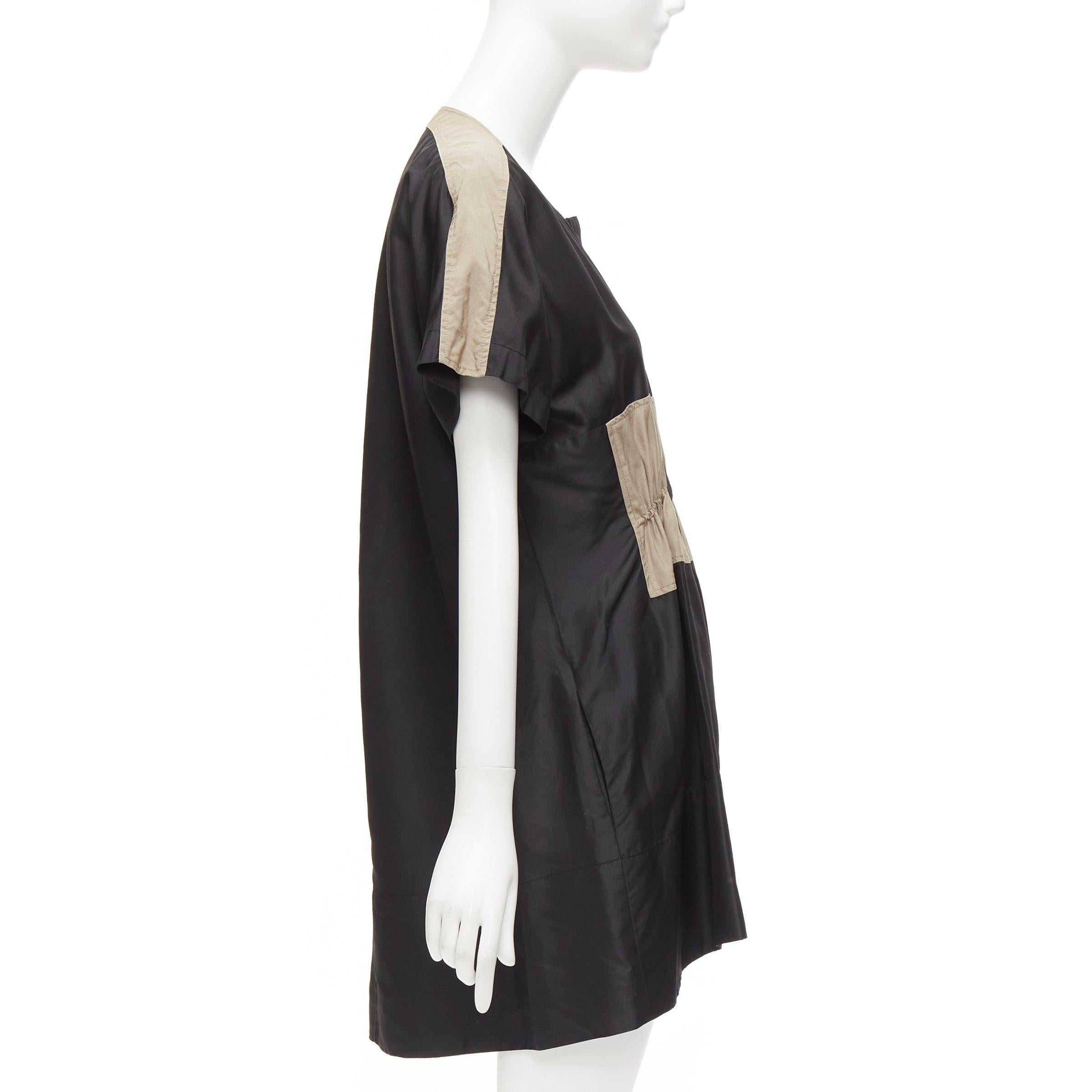BALENCIAGA 2011 black khaki silk blend colorblock ruched shirt dress FR36 S In Excellent Condition For Sale In Hong Kong, NT