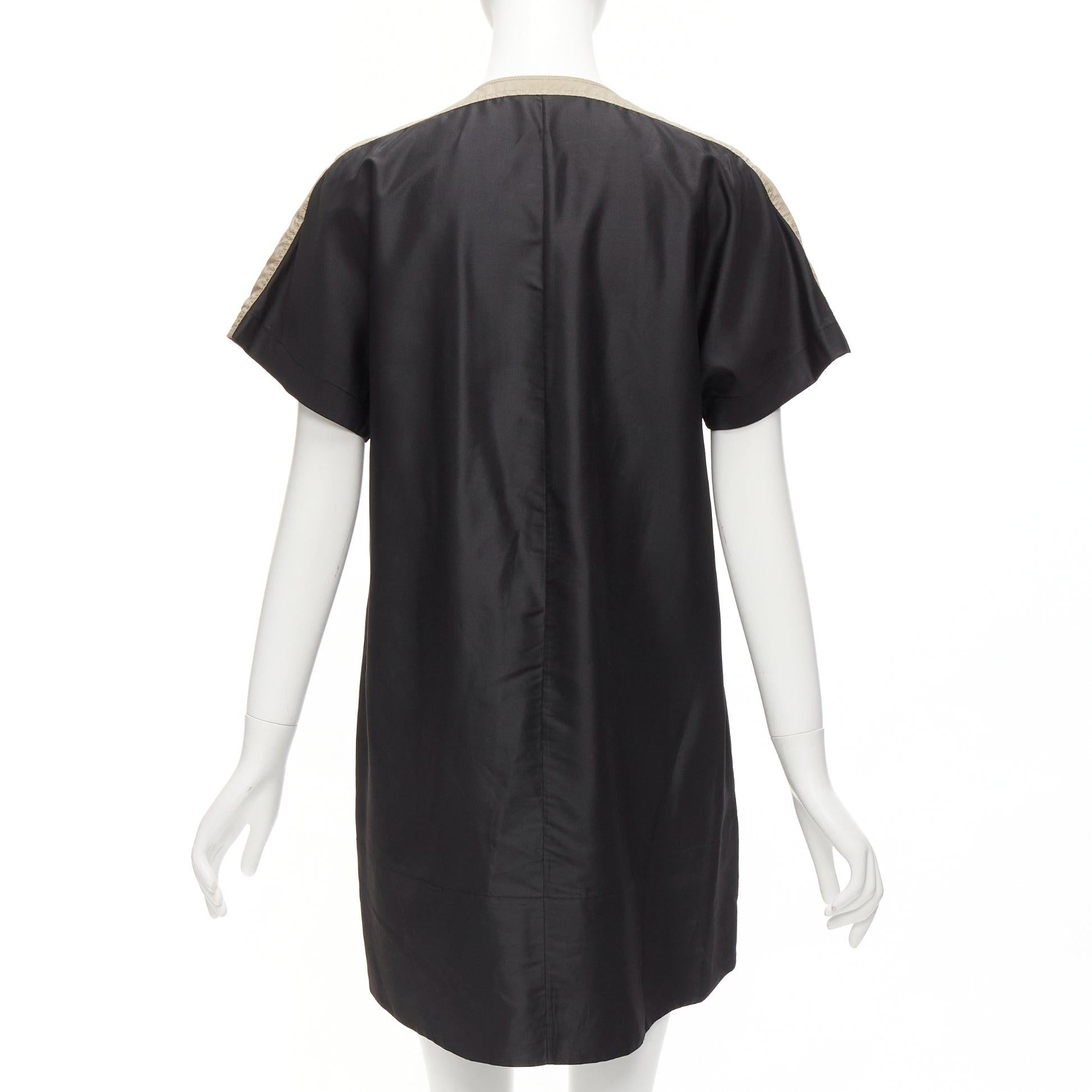 Women's BALENCIAGA 2011 black khaki silk blend colorblock ruched shirt dress FR36 S For Sale