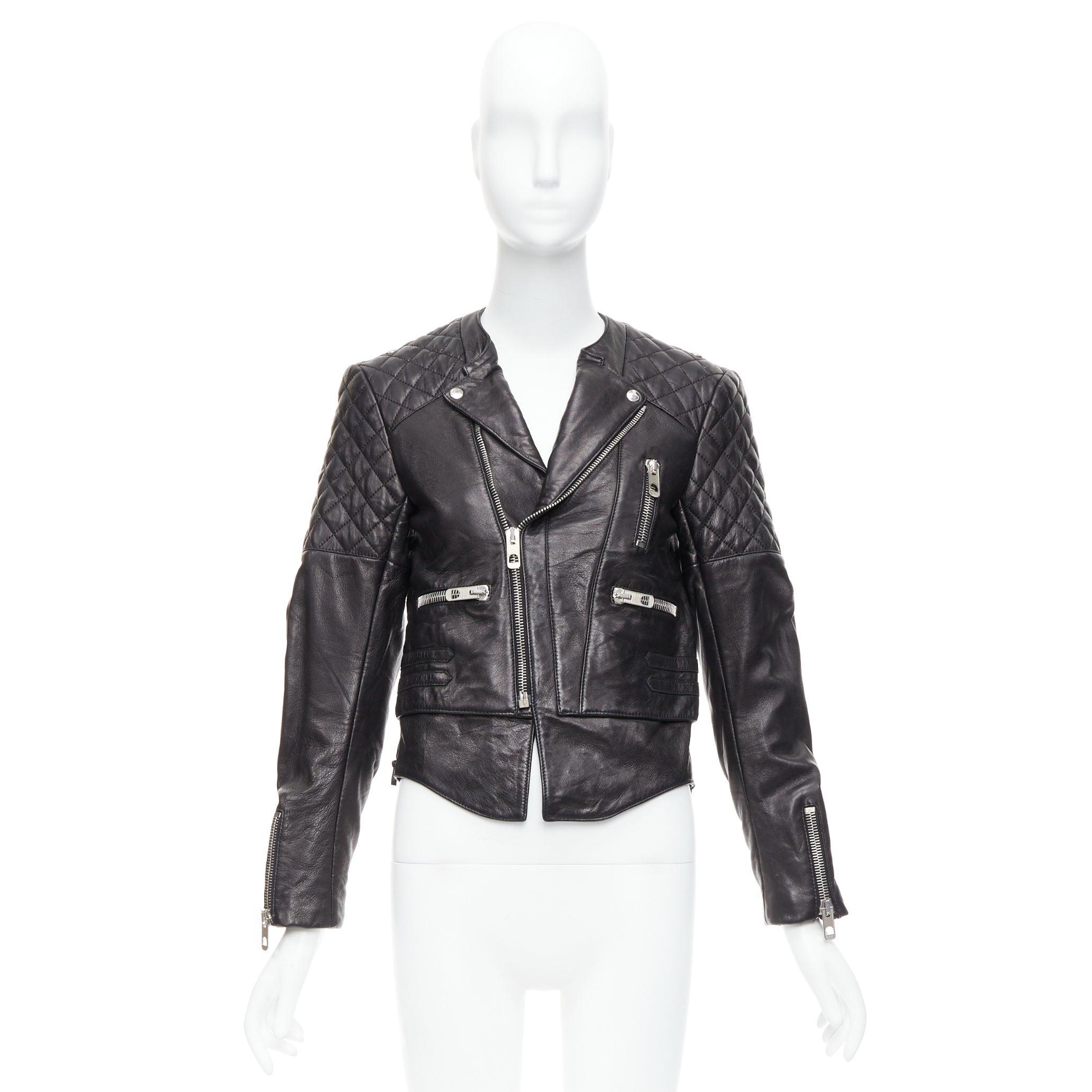 BALENCIAGA 2011 black leather quilted silver zip crop moto biker FR38 M For Sale 5