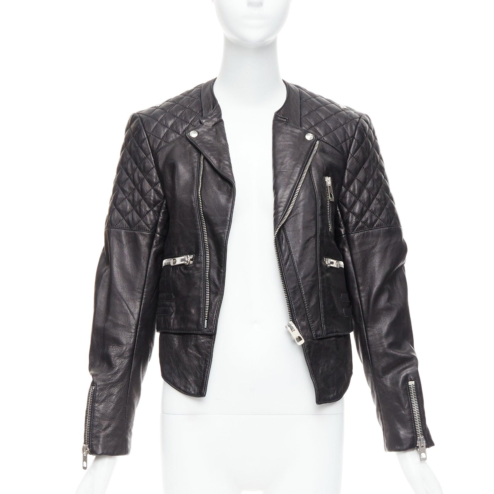 Black BALENCIAGA 2011 black leather quilted silver zip crop moto biker FR38 M For Sale