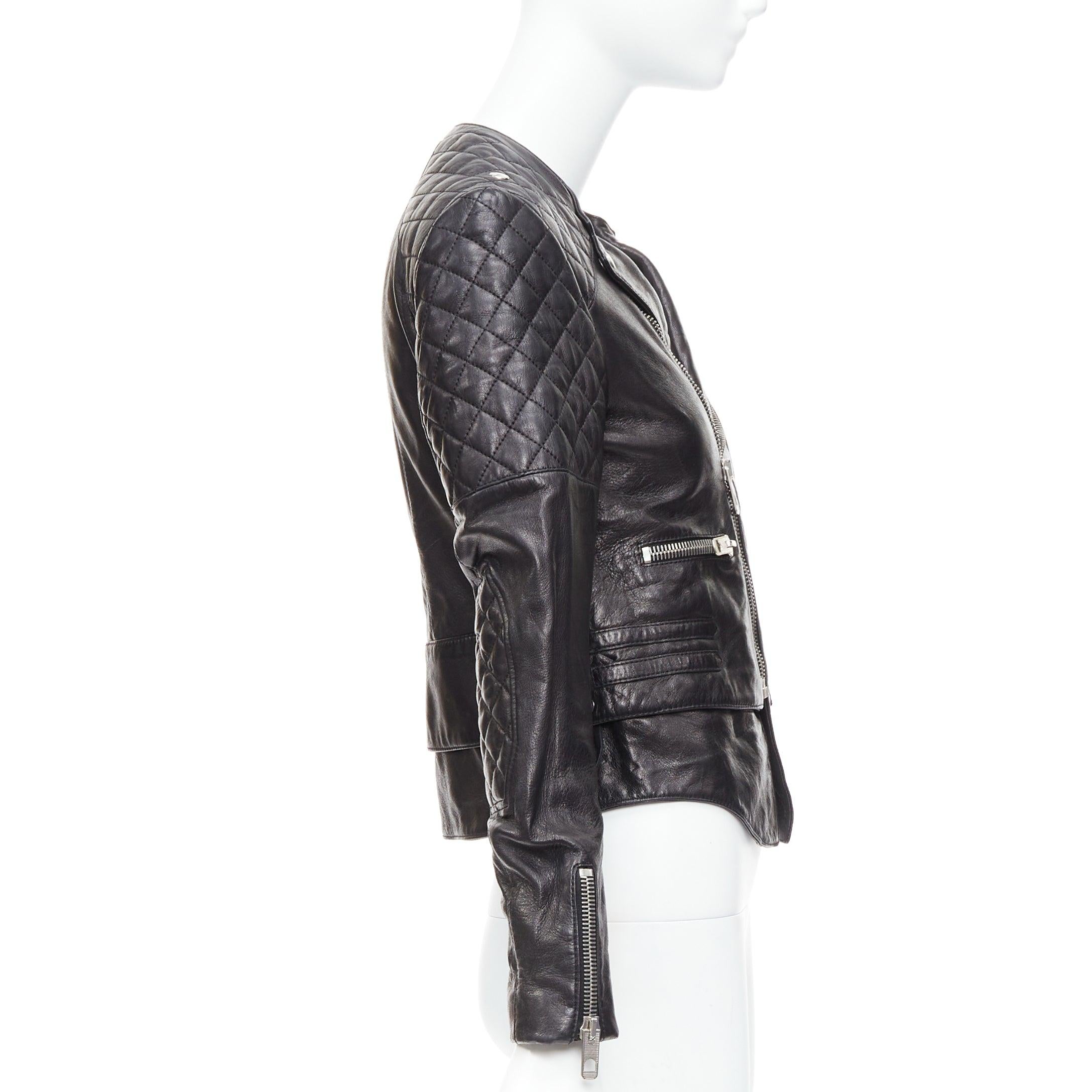 Women's BALENCIAGA 2011 black leather quilted silver zip crop moto biker FR38 M For Sale